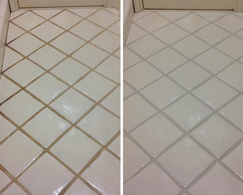 Before and after Picture of a Grout Sealing Process in Cumming, GA