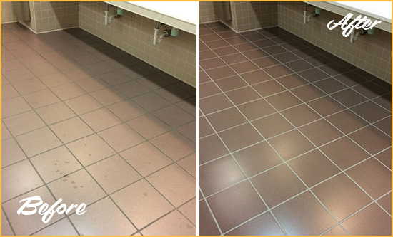 Before and After Picture of a Lithia Springs Restrooms Tile and Grout Cleaned to Remove Embedded Dirt