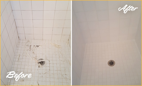Before and After Picture of a Dawsonville Bathroom Re-Caulked To Repair Damaged Caulking