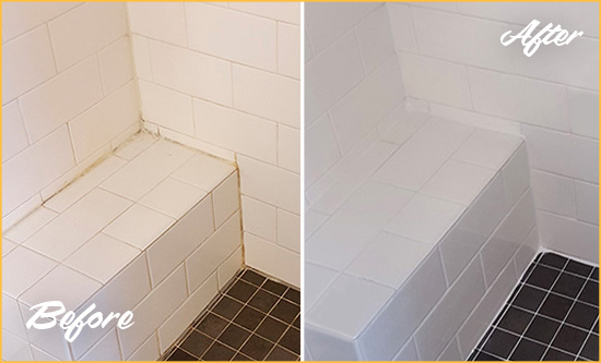 Before and After Picture of a Locust Grove Shower Seat Caulked to Protect Against Mold and Mildew Growth