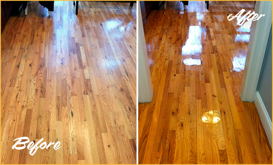 Before and After Picture of a Calhoun Wood Sandless Refinishing Service on a Worn Out Hallway