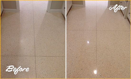 Before and After Picture of a Tyrone Granite Stone Floor Polished to Repair Dullness