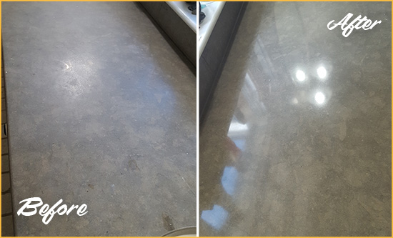 Before and After Picture of a Dull Mount Zion Limestone Countertop Polished to Recover Its Color