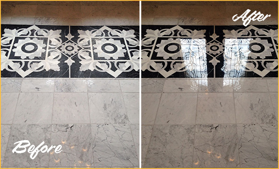Before and After Picture of a Maysville Marble Stone Floor Polished to a Mirror Shine