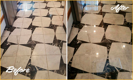 Before and After Picture of a Dull Talmo Marble Stone Floor Polished To Recover Its Luster