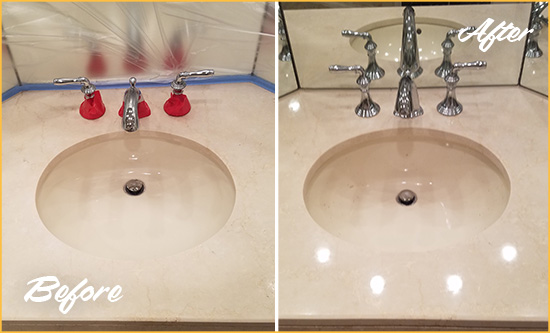 Before and After Picture of a Dull Cartersville Marble Stone Vanity Top Polished to Bring-Back Its Sheen