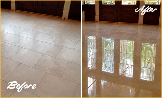 Before and After Picture of a Dull Alpharetta Travertine Stone Floor Polished to Recover Its Gloss