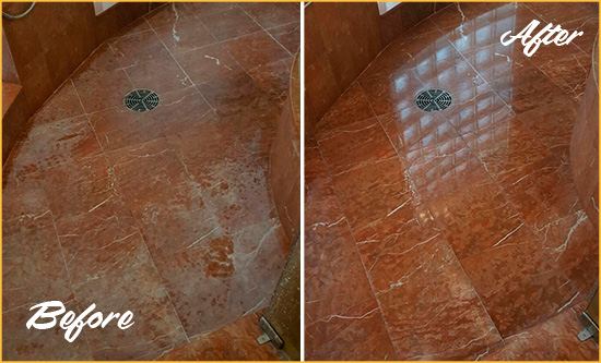 Before and After Picture of a Bowdon Marble Stone Shower Polished to Eliminate Mineral Deposits