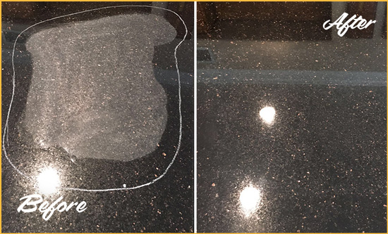 Before and After Picture of a Red Oak Granite Stone Countertop Polished to Remove Scratches
