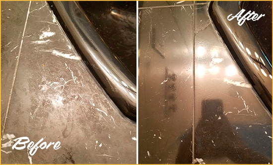 Before and After Picture of a Hiram Marble Countertop Cleaned to Remove Deep Dirt