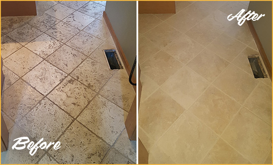 Before and After Picture of a Jasper Kitchen Marble Floor Cleaned to Remove Embedded Dirt