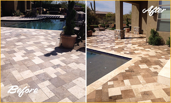 Before and After Picture of a Dull Calhoun Travertine Pool Deck Cleaned to Recover Its Original Colors