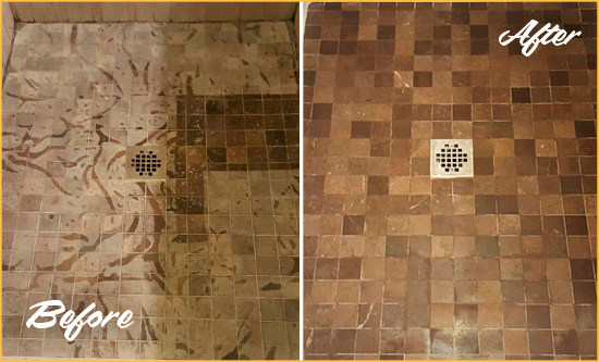 Before and After Picture of a Stained Snellville Marble Shower Floor Cleaned to Remove Etching