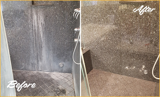 Before and After Picture of a Clarkston Granite Shower Cleaned to Remove Mineral Deposits