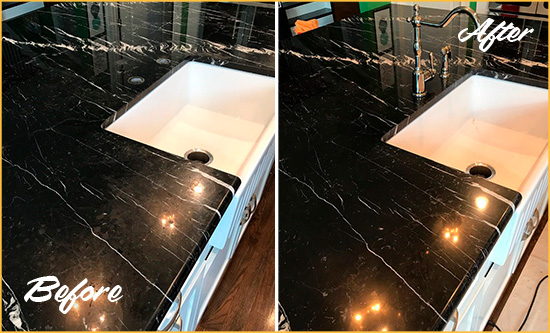Before and After Picture of a Fulton Marble Kitchen Countertop Stone Sealed to Avoid Water Damage