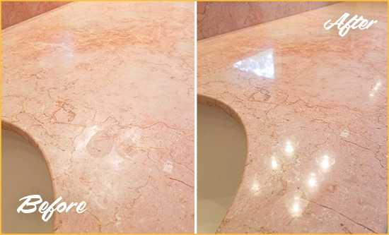 Before and After Picture of a Cobb Marble Stone Vanity Top Sealed to Avoid Water Marks