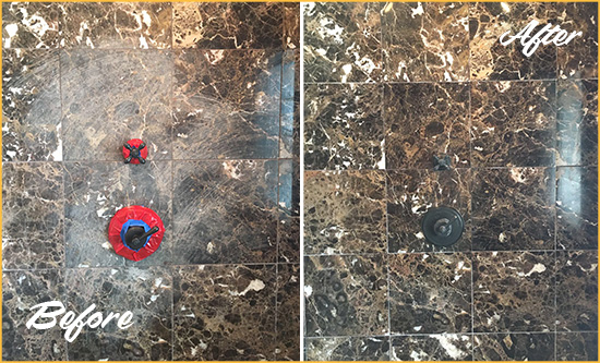 Before and After Picture of a Social Circle Marble Shower Honed to Remove Scratches