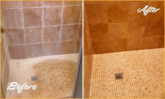 Before and After Picture of a Winston Travertine Shower Honed to Remove Mineral Deposits