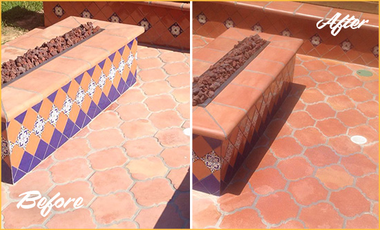 Before and After Picture of a Carrollton Hard Surface Restoration Service on a Dull Terracotta Patio Floor to Recover Its Color
