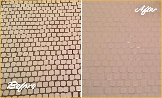 Before and After Picture of a Georgia Hard Surface Restoration Service on a Bathroom Tile Floor Recolored to Fix Grout Color