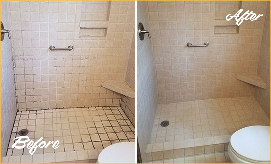 Before and After Picture of a Calhoun Shower Grout Cleaned to Remove Mold