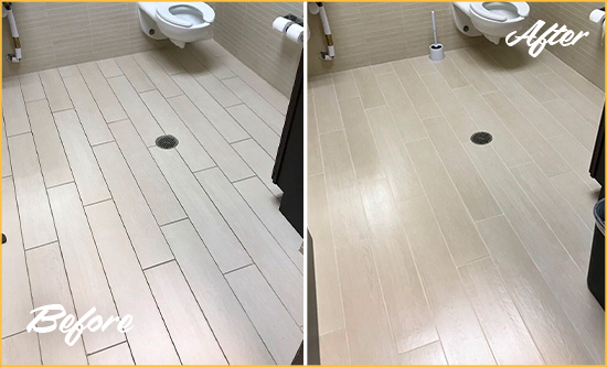 Before and After Picture of a Dallas Office Restroom's Grout Cleaned to Remove Dirt