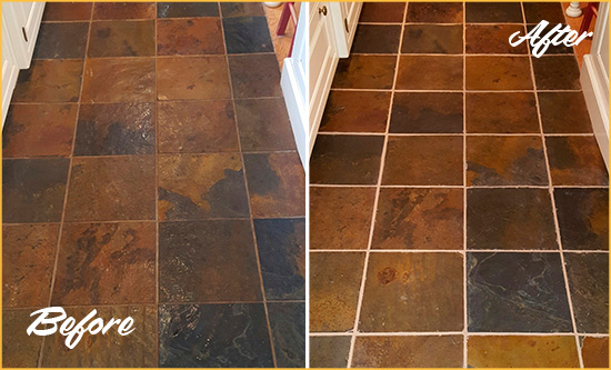 Before and After Picture of Lilburn Slate Floor Grout Cleaned to Remove Dirt