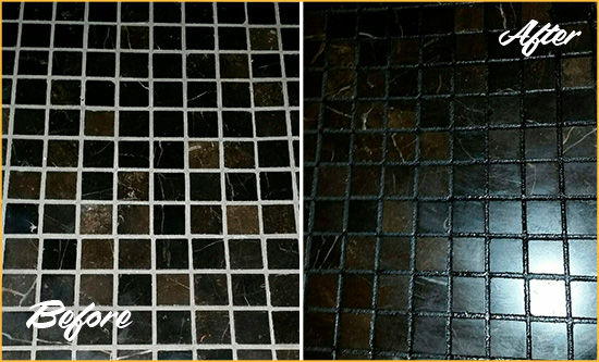 Before and After Picture of a Fairmount Black Floor with Recolored Grout