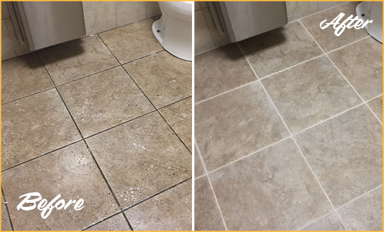 Before and After Picture of a Rydal Office Restroom Floor Recolored Grout