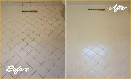 Before and After Picture of a Snellville White Bathroom Floor Grout Sealed for Extra Protection