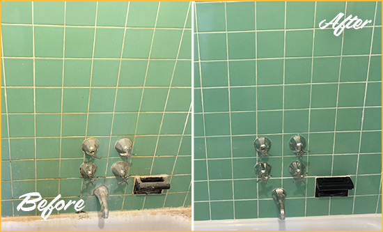 Before and After Picture of a Norcross Bath Tub Grout Sealed to Avoid Water Damage
