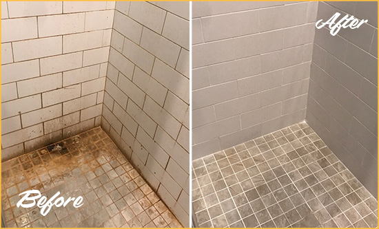 Before and After Picture of a Commerce Shower Grout Sealed to Eliminate Mold