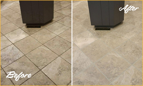 Before and After Picture of a Stone Mountain Kitchen Floor Grout Sealed to Remove Stains