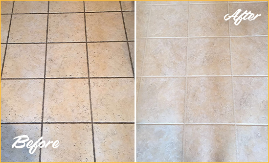 Before and After Picture of a Ball Ground Ceramic Floor Cleaned to Remove Soil