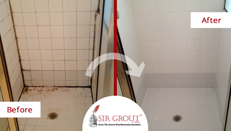 Before and After Picture of a Shower Restoration Through a Grout Sealing Service
