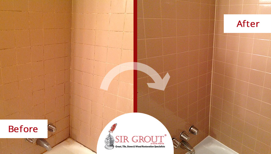 Before and After Picture of a Tub Tile and Grout Cleaning Service in Marietta, Georgia