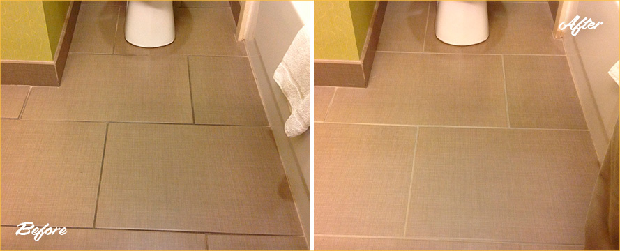 Before and After Picture of a Hotel Restrooms Tile & Grout Cleaning Service in Cummin, GA