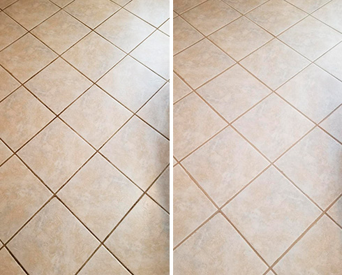 Before and After Picture of a Tile Floor Grout Cleaning in Atlanta, Georgia