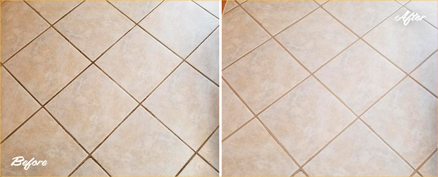 Before and After Picture of a Tile Floor Grout Cleaning in Atlanta, Georgia
