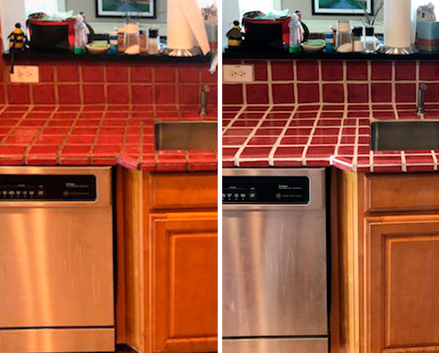 Before and After Picture of a Kitchen Countertop After Our Tile and Grout Cleaners Service in Atlanta, GA