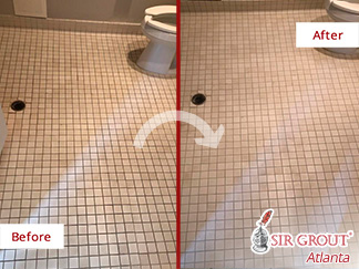 Before and After Picture of a Building Restroom Floor Grout Sealing Service in Atlanta, GA