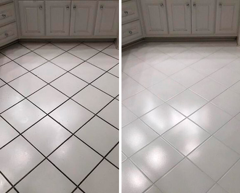 Before and After Picture of a Bathroom Floor Grout Cleaning Job in Atlanta, GA