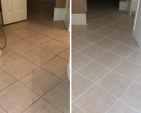 Picture of a Tile Kitchen Floor Before and After a Grout Sealing Service in Smyrna, GA