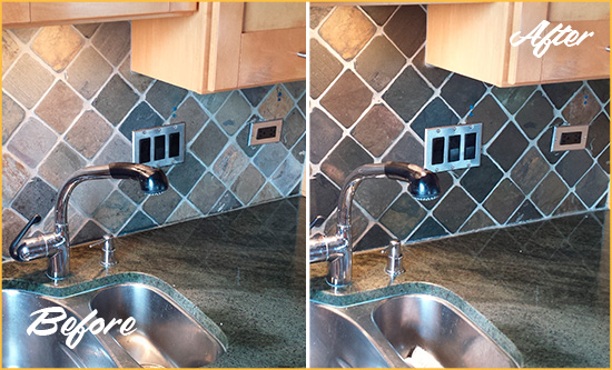 Picture of a Slate Backsplash with Damaged Caulking Before and After a Tile Recaulking Service