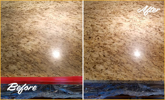 Before and After Picture of a Dull Kitchen Granite Countertop Cleaned and Sealed to Recover Its Sheen
