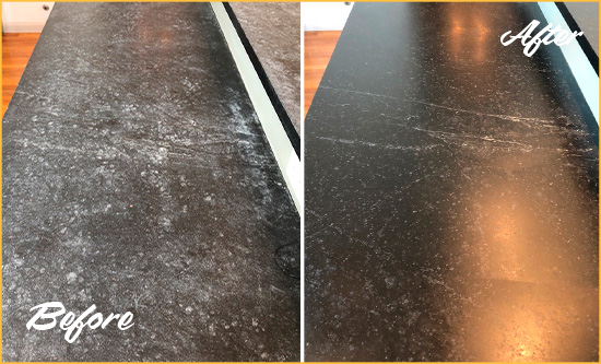 Picture of Black Worn-Out Stone Countertop Before and After Honing