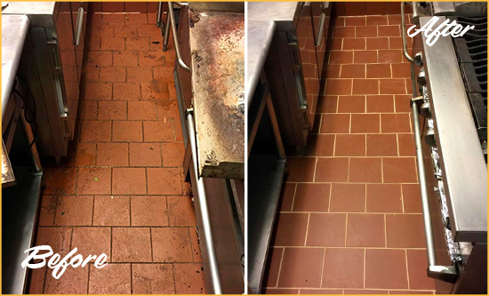 Before and After Picture of a Bowdon Junction Restaurant Kitchen Tile and Grout Cleaned to Eliminate Dirt and Grease Build-Up