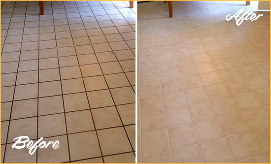 Before and After Picture of a Snellville Kitchen Tile and Grout Cleaned to Remove Embedded Dirt