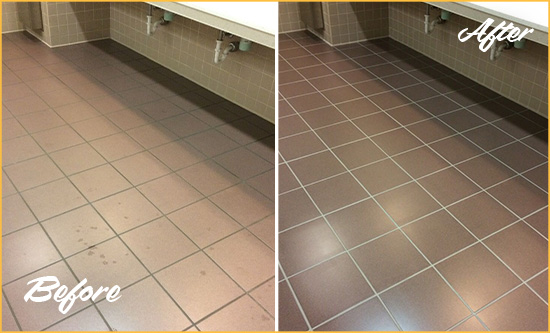 Before and After Picture of a Snellville Restrooms Tile and Grout Cleaned to Remove Embedded Dirt