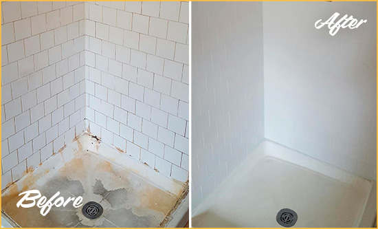 Before and After Picture of a Lawrenceville Shower Tile and Grout Cleaned to Remove Soap Scum